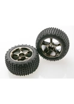 TRA2470A Traxxas Tires & Wheels, Assembled (Tracer 2.2' Black Chrome Wheels, Alias 2.2' Tires) (2) (Bandit Rear, Medium Compound With Foam Inserts) (TSM Rated)