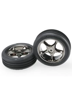 TRA2471A Traxxas Tires & Wheels, Assembled (Tracer 2.2' Black Chrome Wheels, Alias Ribbed 2.2' Tires) (2) (Bandit Front, Medium Compound W/ Foam Inserts)