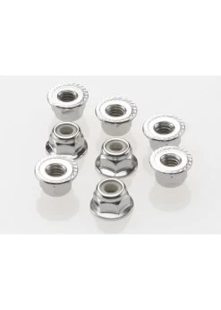 TRA3647 Traxxas Nuts, 4mm Flanged Nylon Locking (steel, Serrated) (8)