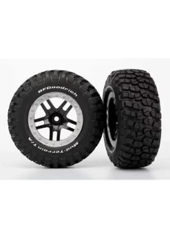 TRA5883 Traxxas Tires & Wheels, Assembled, Glued (SCT Split-Spoke, Black, Satin Chrome Beadlock Wheels, BFGoodrich Mud-Terrain™T/A KM2 Tire, Foam Inserts) (2) (4WD F/r, 2WD Rear)