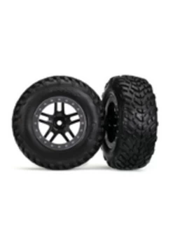 TRA5890 Traxxas Tires & Wheels, Assembled, Glued (SCT Split-Spoke Black, Satin Chrome Beadlock Style Wheels, Dual Profile (2.2' Outer, 3.0' Inner), SCT Off-road Racing Tires, Foam Inserts) (2) (2WD Front)