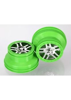 TRA6872X Traxxas Wheels, SCT Split-Spoke, Chrome, Green Beadlock Style, Dual Profile (2.2' Outer, 3.0' Inner) (4WD Front/rear, 2WD Rear) (2)