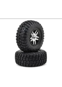 TRA6873X Traxxas Tires & Wheels, Assembled, Glued (S1 Ultra-soft Off-road Racing Compound) (SCT Split-Spoke Satin Chrome, Black Beadlock Style Wheels, BFG Mud-Terrain Tires, Foam Inserts) (2) (4WD Front/rear, 2WD Rear Only)