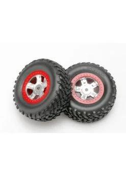 TRA7073A Traxxas Tires And Wheels, Assembled, Glued (SCT Satin Chrome Wheels, Red Beadlock Style, SCT Off-road Racing Tires, Foam Inserts) (1 Each, Right & Left)