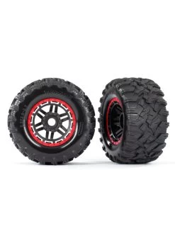 TRA8972R Traxxas Tires & Wheels, Assembled, Glued (black, Red Beadlock Style Wheels, Maxx MT Tires, Foam Inserts) (2) (17mm Splined) (TSM Rated)