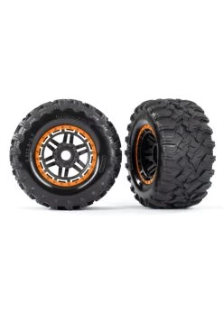 TRA8972T Traxxas Tires & Wheels, Assembled, Glued (black, Orange Beadlock Style Wheels, Maxx MT Tires, Foam Inserts) (2) (17mm Splined) (TSM Rated)
